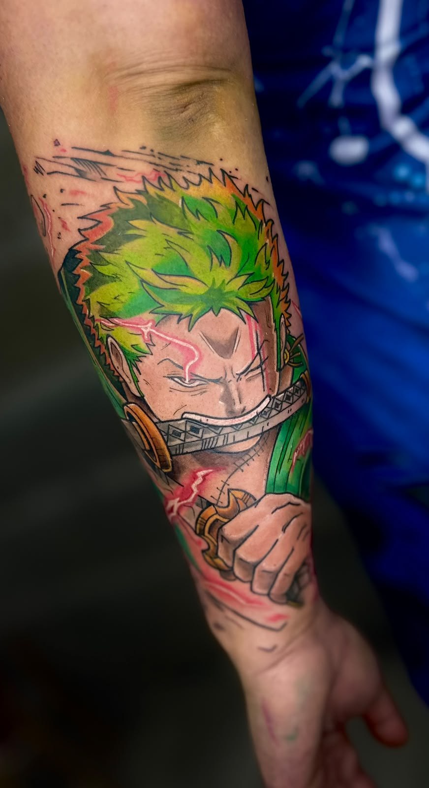 Colour anime tattoo of Zoro (One Piece), by Tuiti